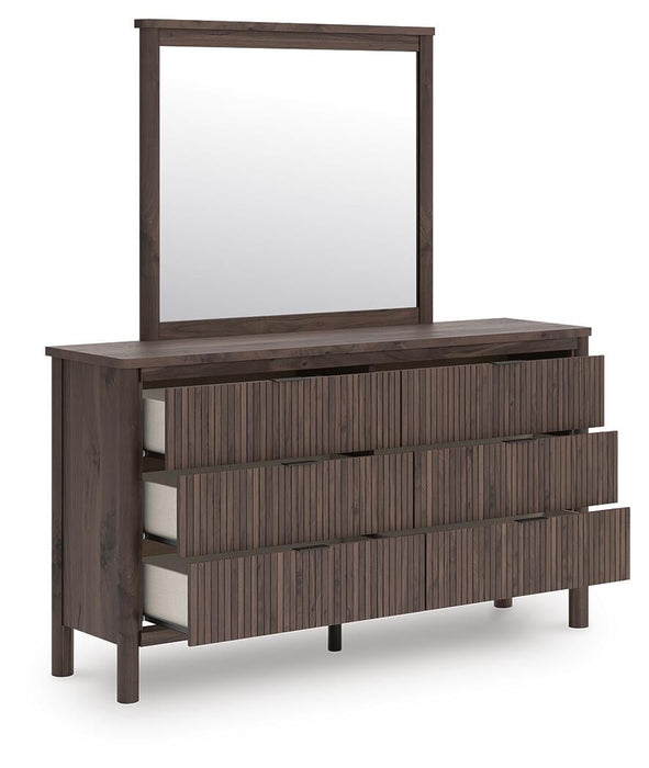 Pamytta Queen Upholstered Panel Platform Bed, Dresser, Mirror, Chest and Nightstand