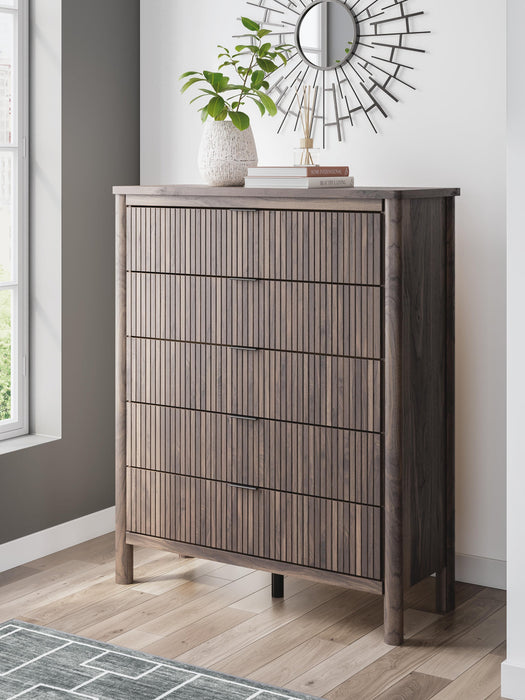 Pamytta King Upholstered Panel Platform Bed, Dresser, Mirror, Chest and Nightstand