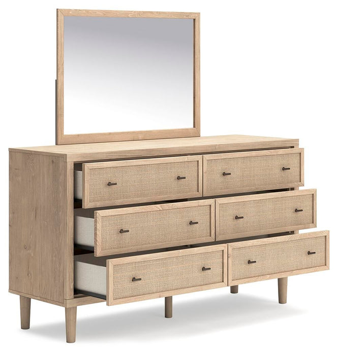 Cielden Full Upholstered Bed with Roll Slats, Dresser and Mirror