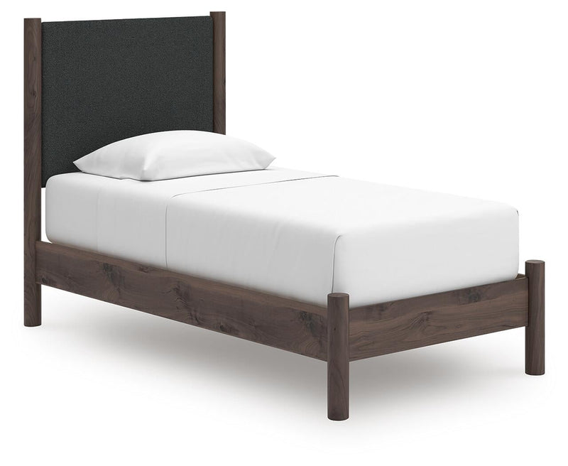 Pamytta Twin Upholstered Panel Platform Bed, Dresser and Mirror