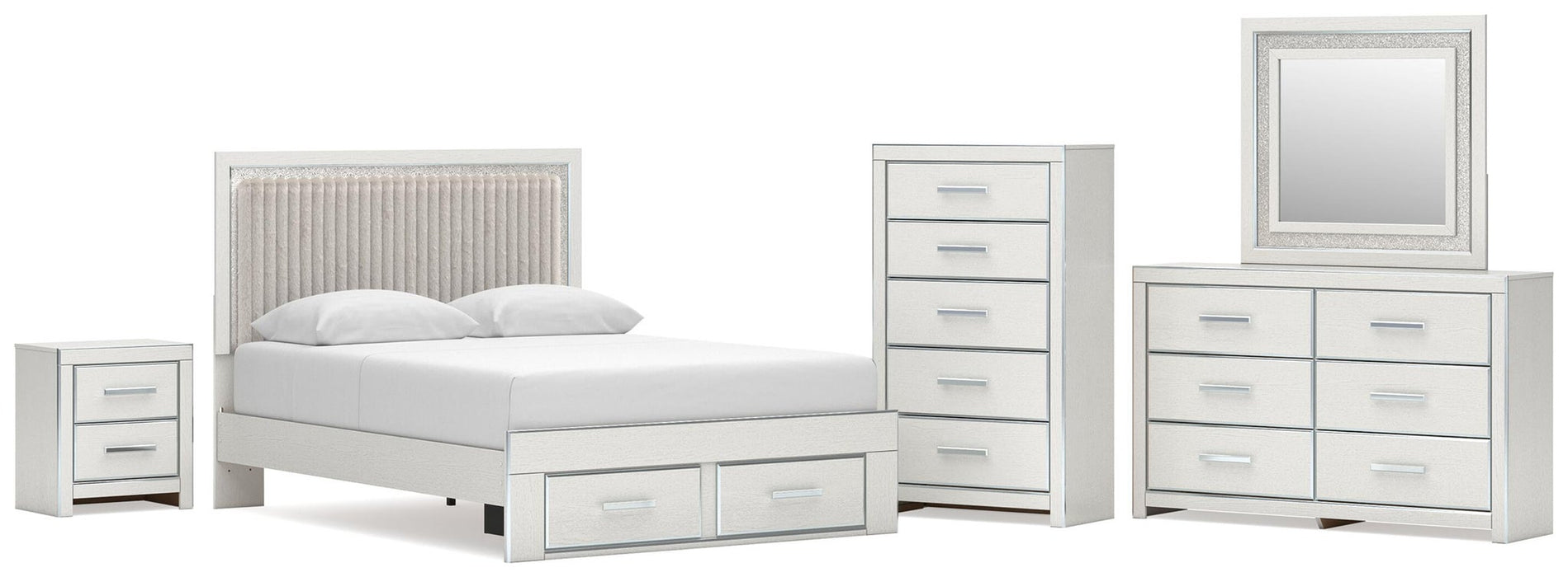 Zuraleus Queen Upholstered Panel Platform Storage Bed, Dresser, Mirror, Chest and Nightstand