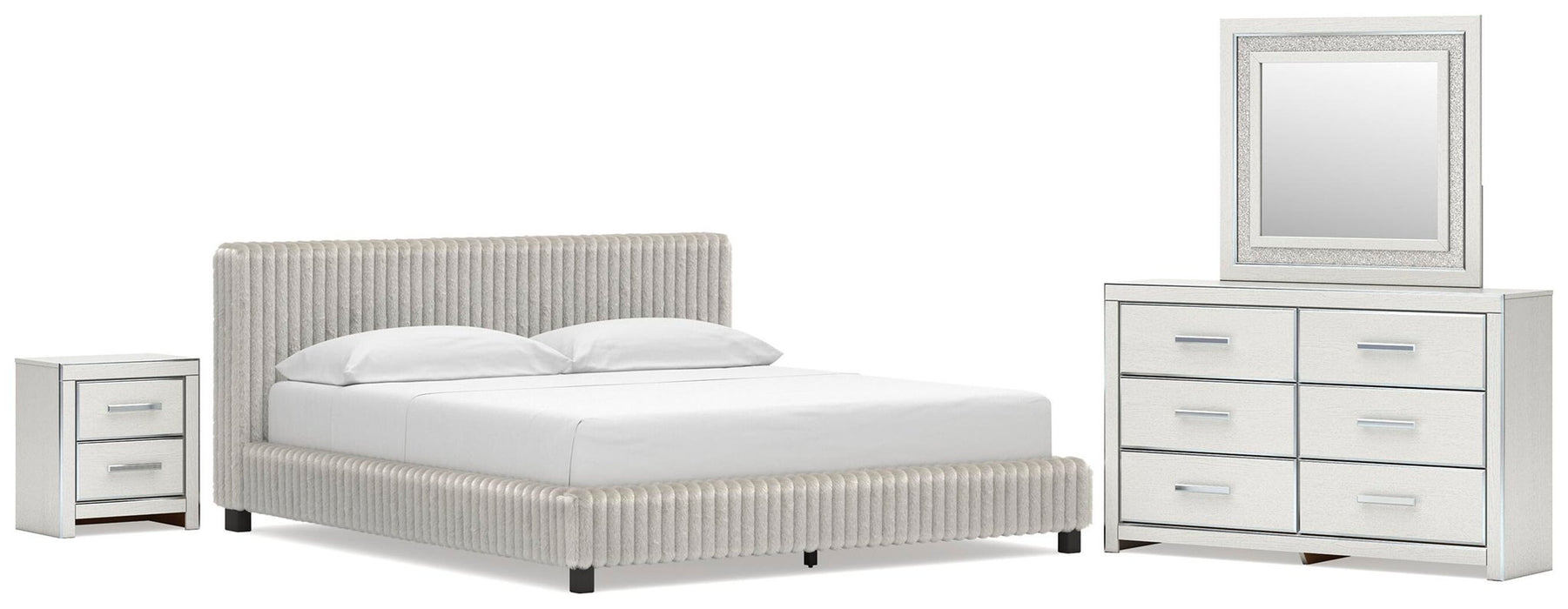 Zuraleus California King Upholstered Bed, Dresser, Mirror and Nightstand