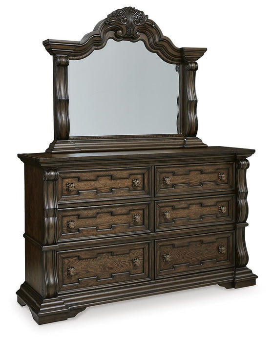 Maylee California King Canopy Bed, Dresser, Mirror, Chest and Nightstand