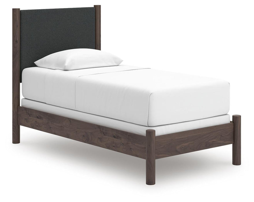 Pamytta Twin Upholstered Panel Bed, Dresser, Mirror, Chest and Nightstand