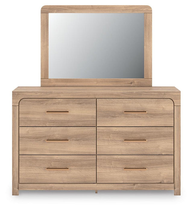 Kinlanni Queen Upholstered Platform Bed, Dresser and Mirror
