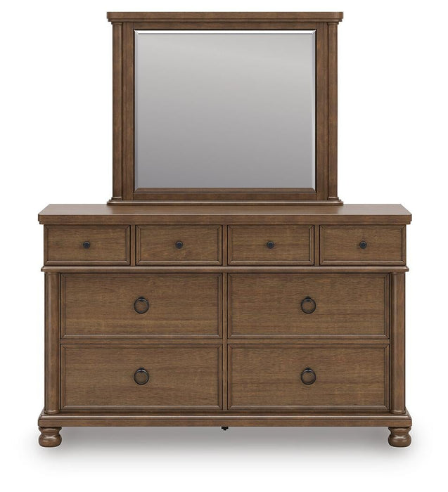 Rowlenstown California King Poster Bed with Mirrored Dresser and Nightstand