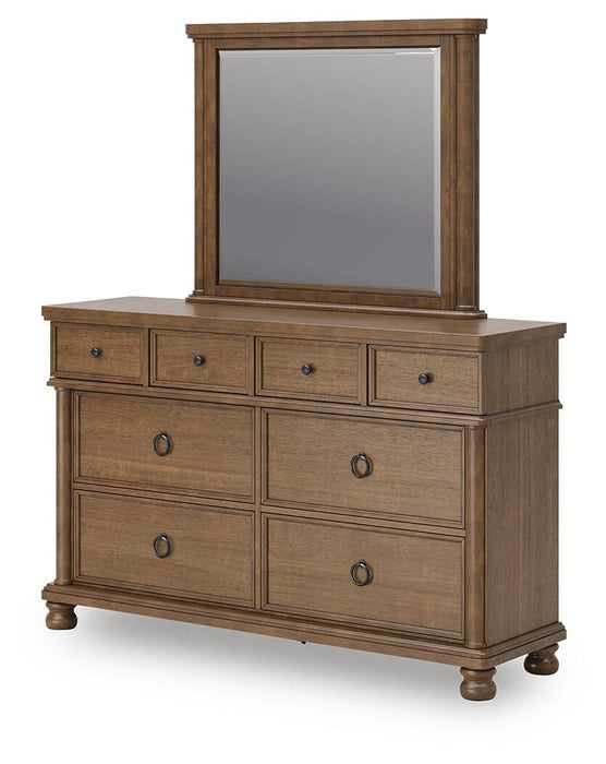Rowlenstown California King Poster Bed with Mirrored Dresser and Nightstand