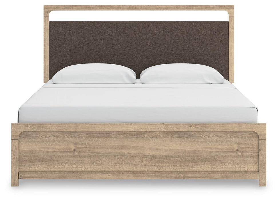 Kinlanni King Upholstered Panel Bed, Dresser, Mirror and Nightstand