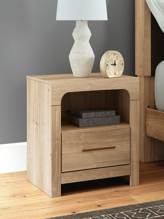 Kinlanni King Upholstered Panel Bed, Dresser, Mirror and Nightstand