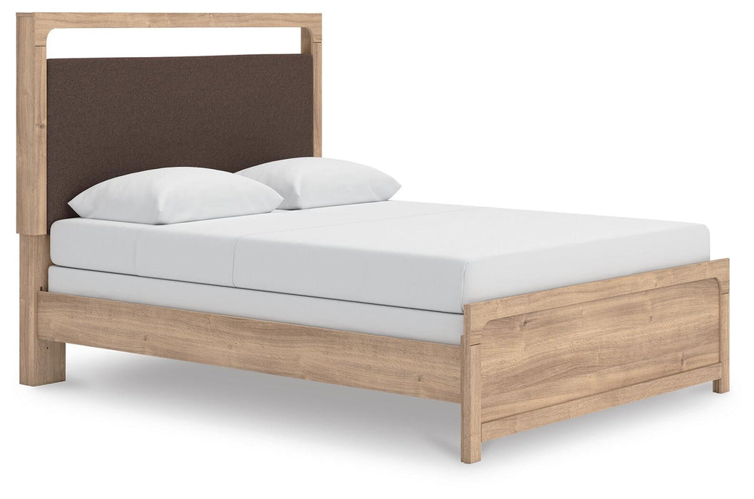 Kinlanni Queen Upholstered Panel Bed, Dresser and Mirror