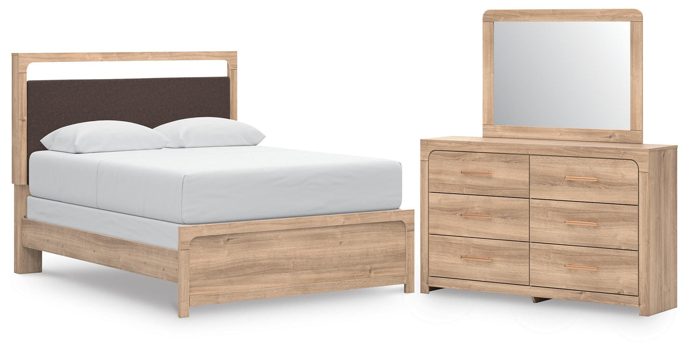 Kinlanni Queen Upholstered Panel Bed, Dresser and Mirror