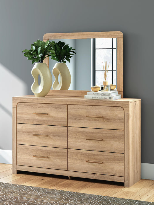 Kinlanni Queen Upholstered Panel Bed, Dresser and Mirror