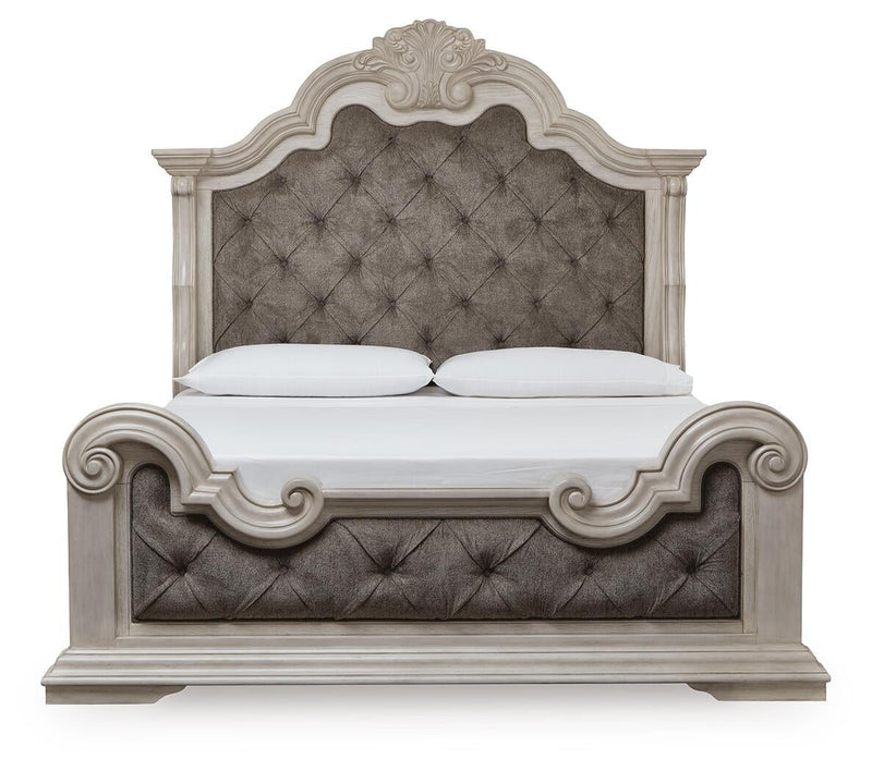 Bruchandi California King Upholstered Panel Bed with Mirrored Dresser and Nightstand