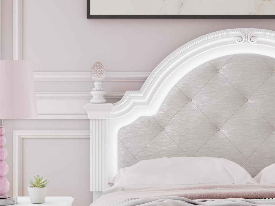 Kozlani Full Upholstered Panel Bed, Dresser and Mirror