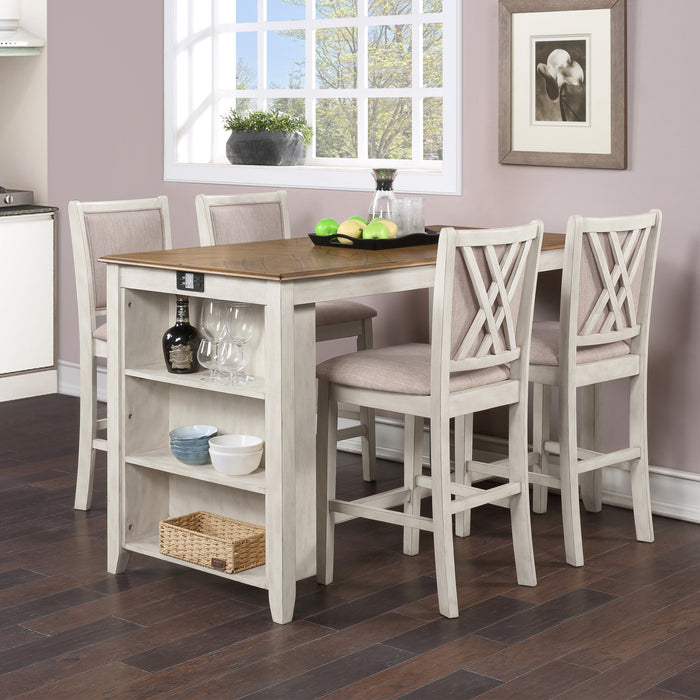 AMY 5 PC 60" COUNTER STORAGE TABLE+CHAIRS- BISQUE/BROWN