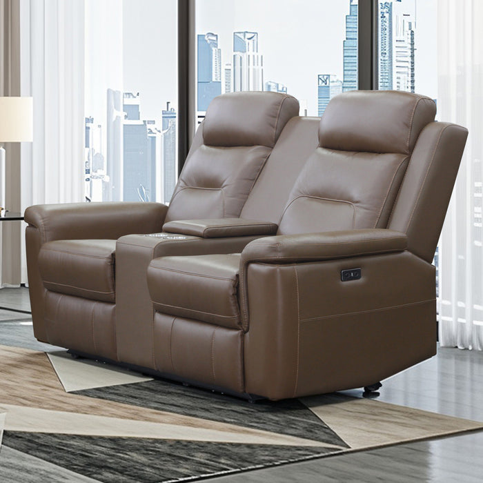 KELDON RECLINING LEATHER CONSOLE LOVESEAT W/PWR FR-BROWN