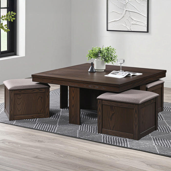 PAXTON 5 PC STORAGE COFFEE TABLE W/ 4 TUCK-IN OTTOMANS-DK BRO