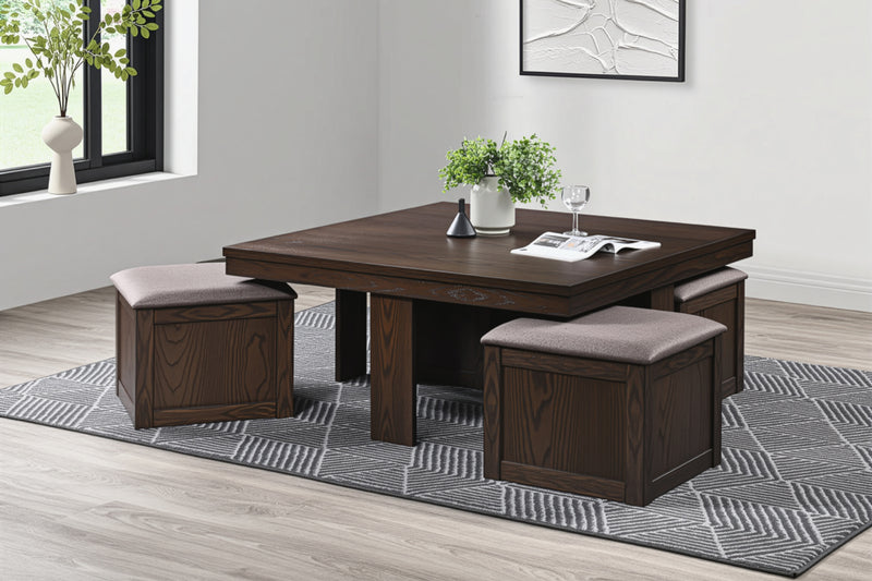 PAXTON 5 PC STORAGE COFFEE TABLE W/ 4 TUCK-IN OTTOMANS-DK BRO