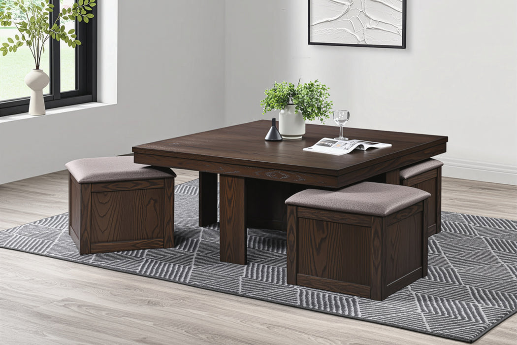 PAXTON 5 PC STORAGE COFFEE TABLE W/ 4 TUCK-IN OTTOMANS-DK BRO
