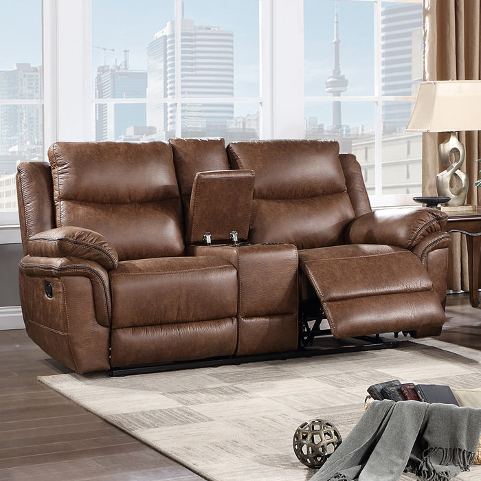 RYLAND CONSOLE LOVESEAT W/ DUAL RECLINERS--BROWN