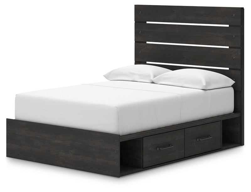 Delmorta Full Panel Bed with Storage, Dresser and Mirror