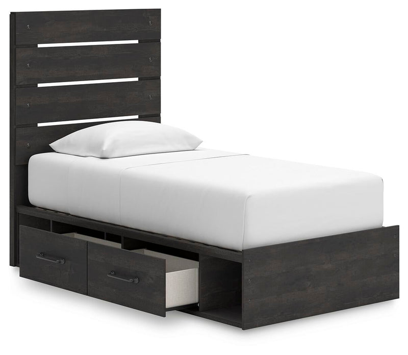 Delmorta Twin Panel Bed with Storage, Dresser and Mirror