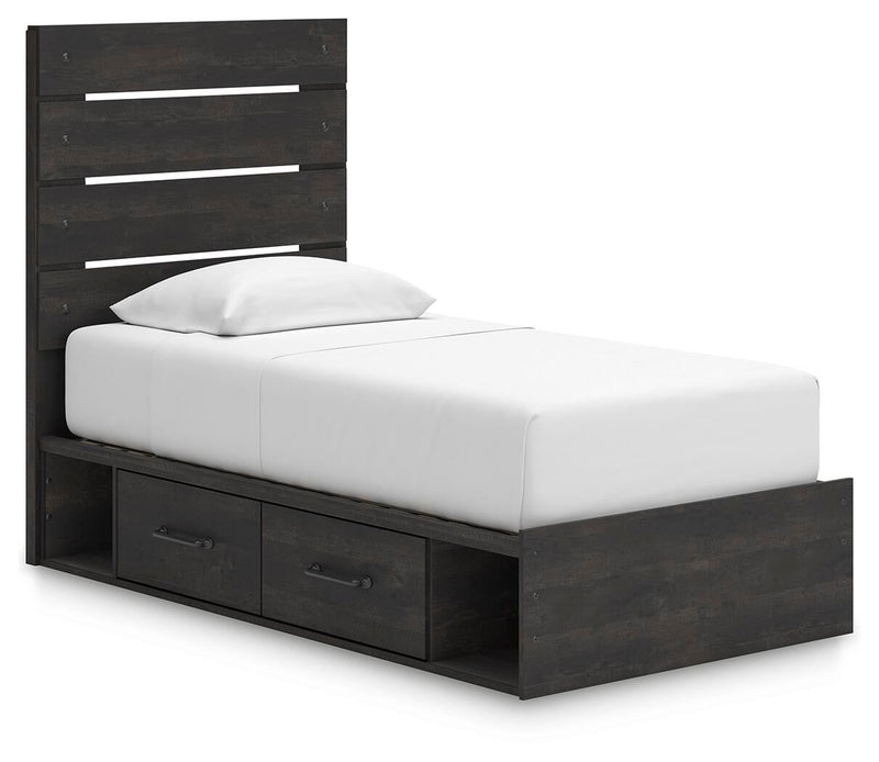Delmorta Twin Panel Bed with Storage, Dresser, Mirror and Nightstand
