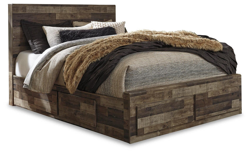 Cama Queen con paneles Derekson con 4 cajones de almacenamiento, tocador con espejo, cómoda y mesita de noche