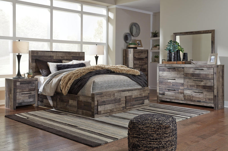 Cama Queen con paneles Derekson con 4 cajones de almacenamiento, tocador con espejo, cómoda y mesita de noche
