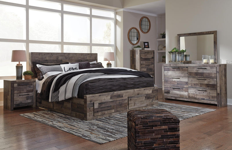 Cama King con 4 cajones de almacenamiento, tocador con espejo, cómoda y mesita de noche Derekson