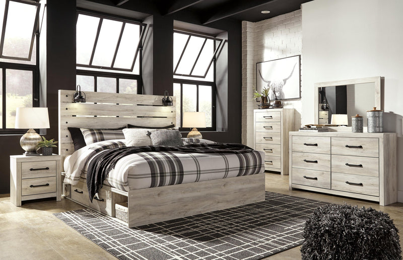 Cama King con 4 cajones de almacenamiento, tocador con espejo, cómoda y mesita de noche Cambeck