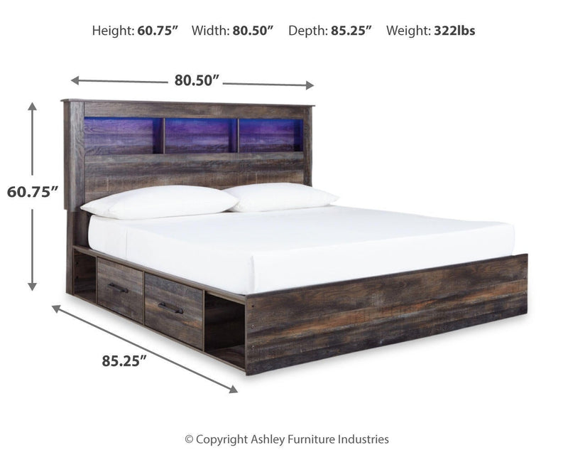 Cama con estantería Drystan King con 4 cajones de almacenamiento y tocador con espejo