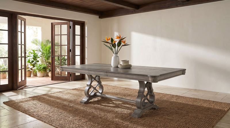 Cresswell 104-inch Double Pedestal Extension Dining Table Weathered Taupe