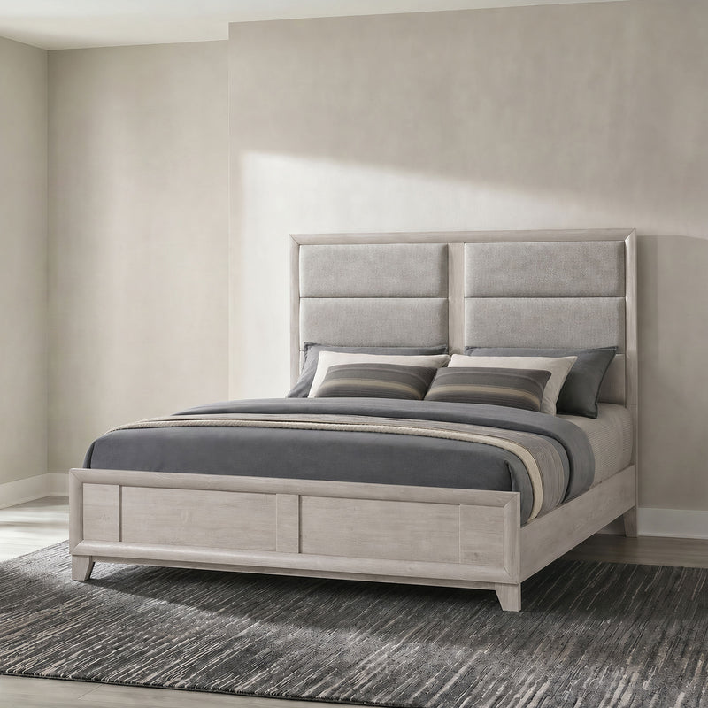 Farre Eastern King Upholstered Platform Panel Bed Washed Grey