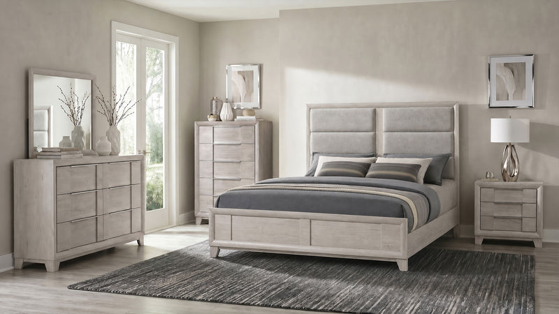 Farre Eastern King Upholstered Platform Panel Bed Washed Grey